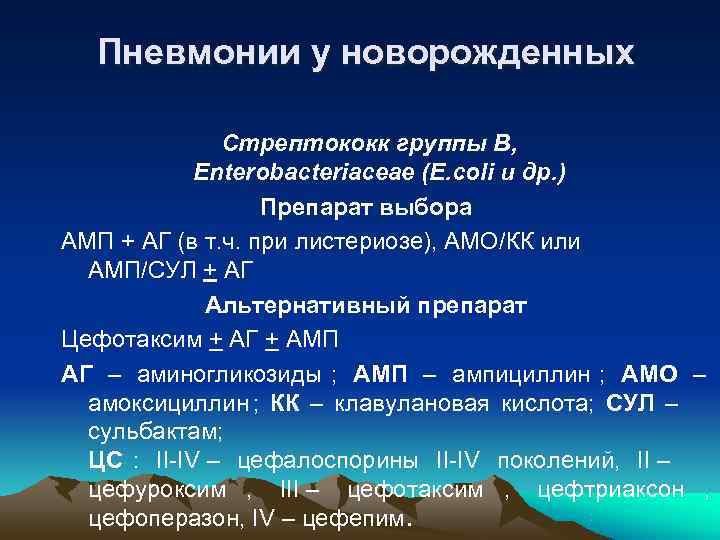  Пневмонии у новорожденных   Стрептококк группы B,    Enterobacteriaceae (E.