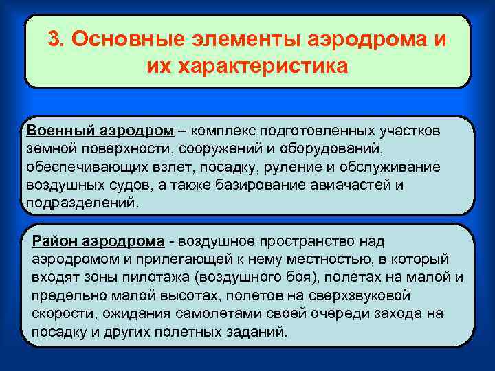  3. Основные элементы аэродрома и  их характеристика Военный аэродром – комплекс подготовленных