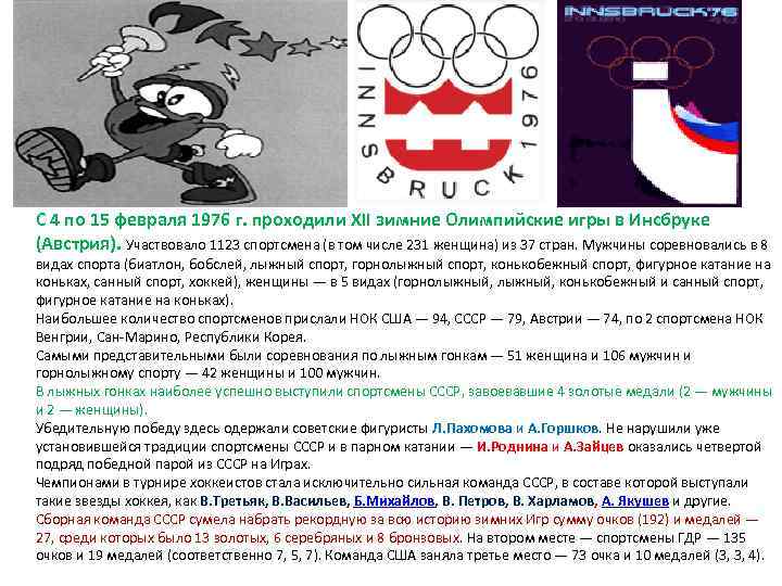 С 4 по 15 февраля 1976 г. проходили XII зимние Олимпийские игры в Инсбруке