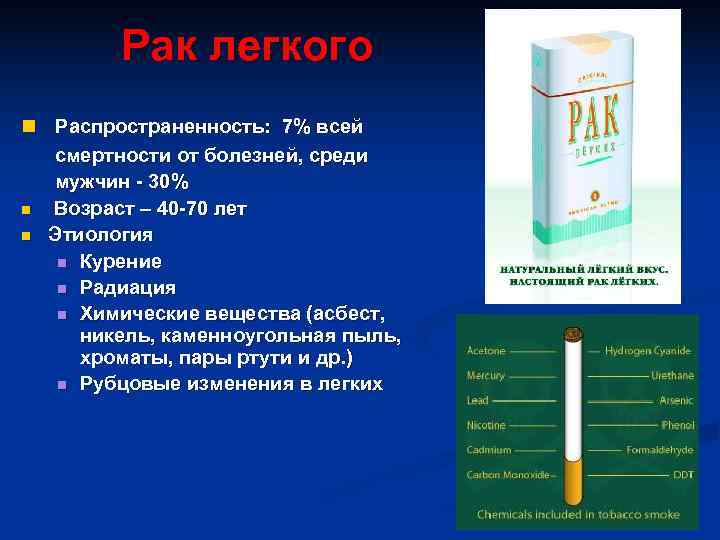    Рак легкого n Распространенность:  7% всей  смертности от болезней,