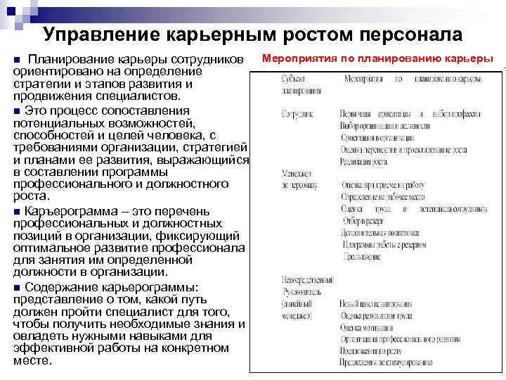  Управление карьерным ростом персонала n Планирование карьеры сотрудников  Мероприятия по планированию