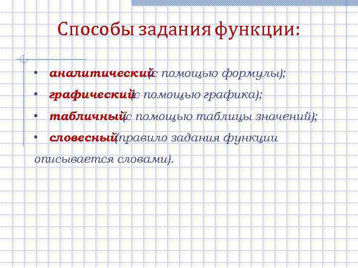   Способы задания функции:  • аналитический помощью формулы);    (с