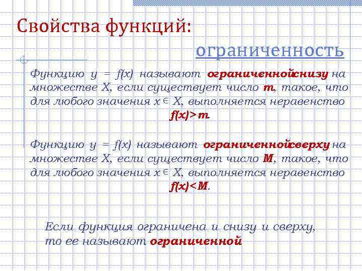Свойства функций:     ограниченность Функцию y = f(x) называют ограниченнойснизу на