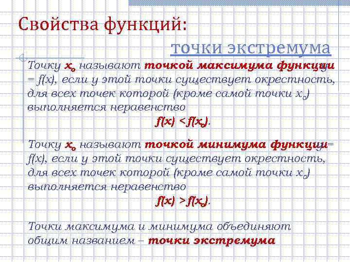 Свойства функций:   точки экстремума Точку хо называют точкой максимума функции  y