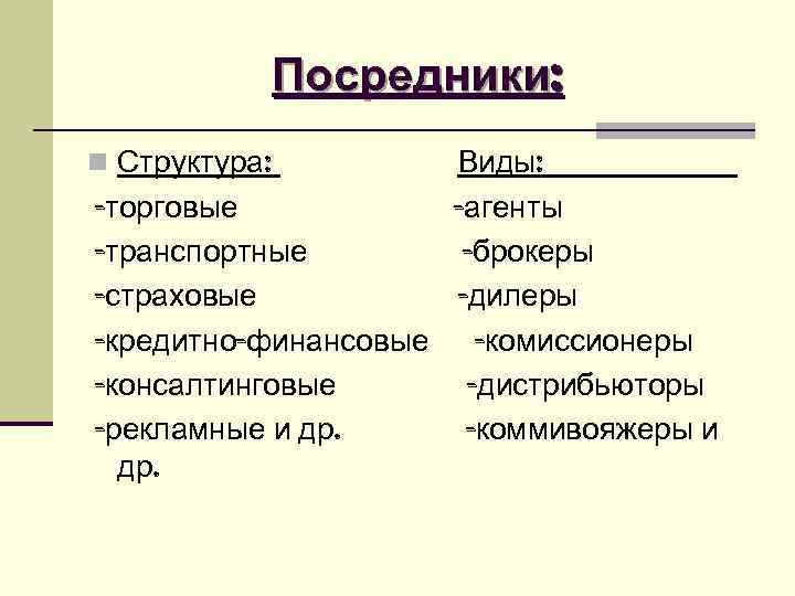 Посредники: n Структура: Виды: -торговые -агенты -транспортные Посредники: n Структура: Виды: -торговые -агенты -транспортные