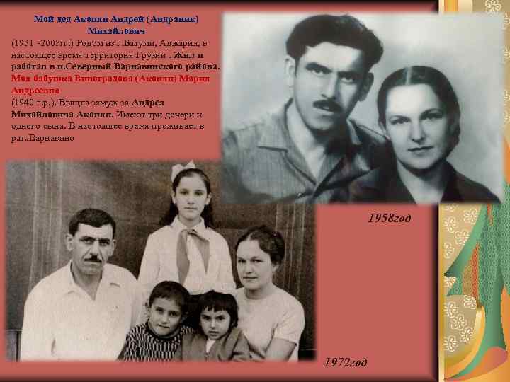 Мой дед Акопян Андрей (Андраник) Михайлович (1931 -2005 гг. ) Родом из г. Батуми,
