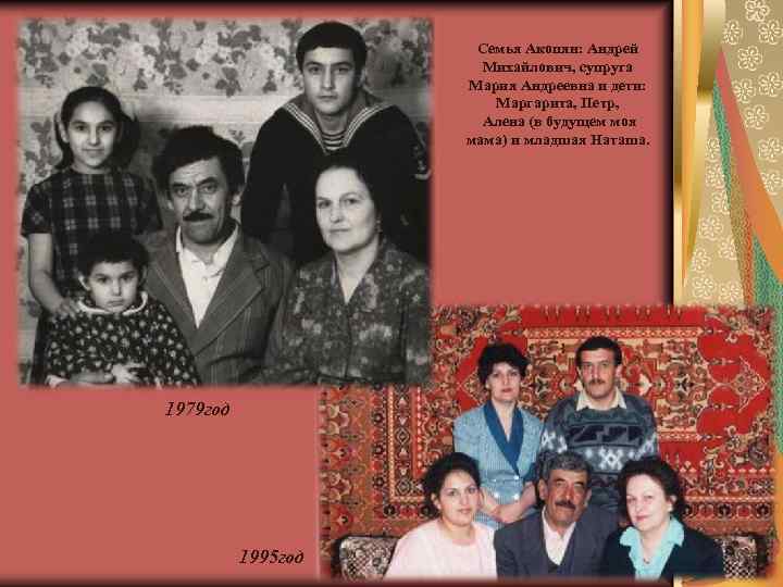 Семья Акопян: Андрей Михайлович, супруга Мария Андреевна и дети: Маргарита, Петр, Алена (в будущем