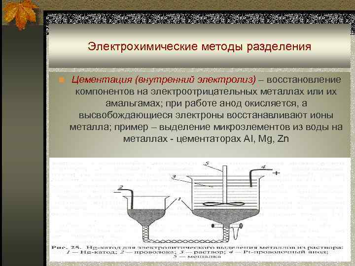  Электрохимические методы разделения n Цементация (внутренний электролиз) – восстановление  компонентов на электроотрицательных