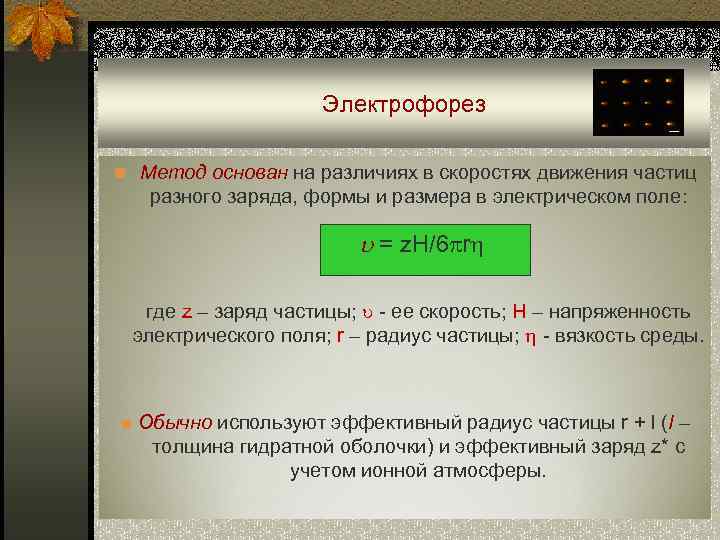     Электрофорез n Метод основан на различиях в скоростях движения частиц