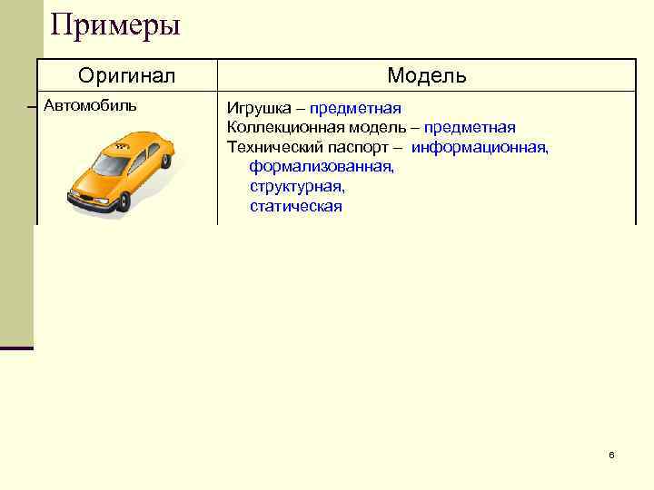 Примеры  Оригинал     Модель Автомобиль  Игрушка – предметная 