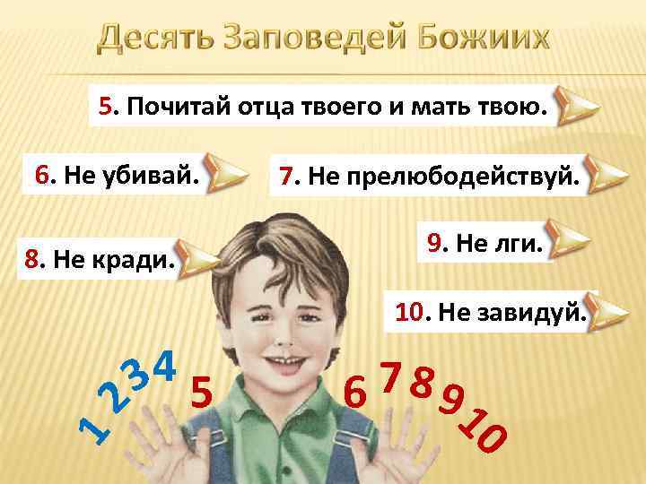  5. Почитай отца твоего и мать твою.  6. Не убивай.  7.