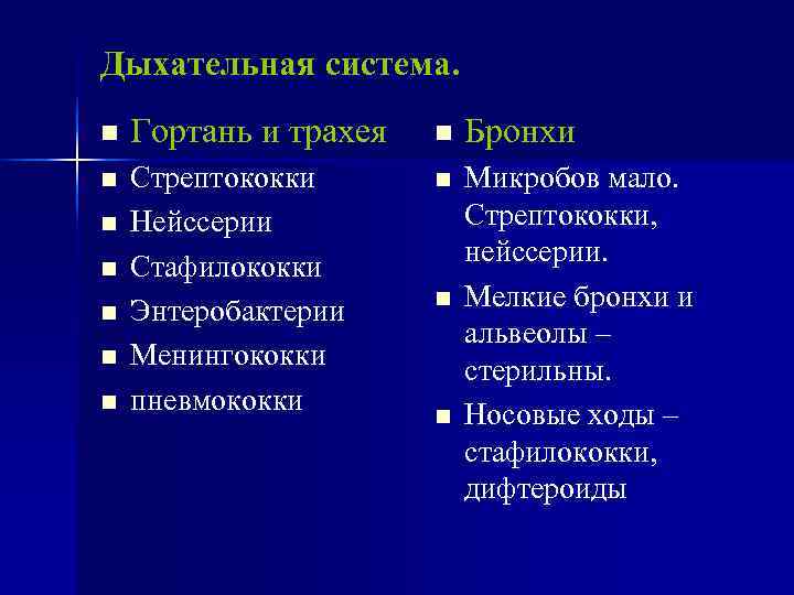 Дыхательная система. n  Гортань и трахея  n  Бронхи n  Стрептококки