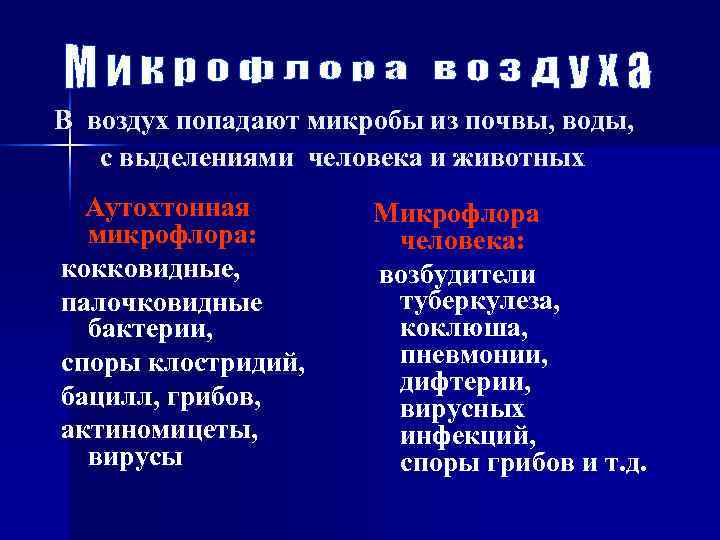 В воздух попадают микробы из почвы, воды, с выделениями человека и животных  Аутохтонная