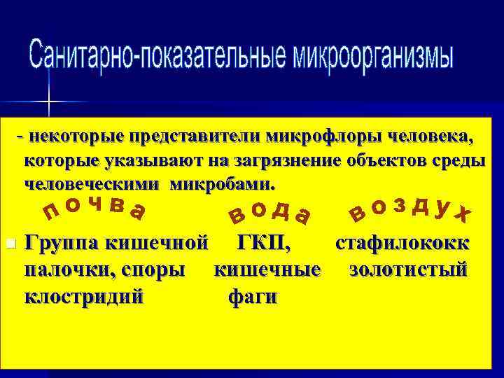 - некоторые представители микрофлоры человека, которые указывают на загрязнение объектов среды человеческими микробами. 