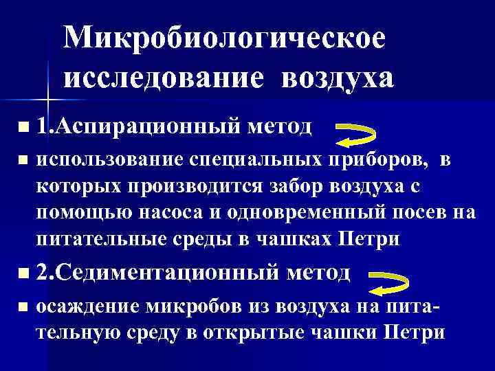  Микробиологическое  исследование воздуха n 1. Аспирационный метод n  использование специальных приборов,