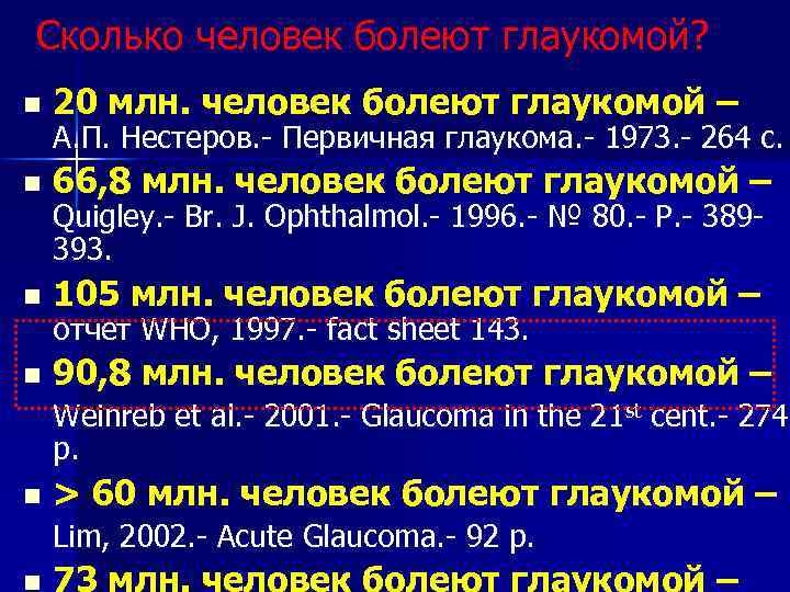 Сколько человек болеют глаукомой? n 20 млн. человек болеют глаукомой – n 66, 8
