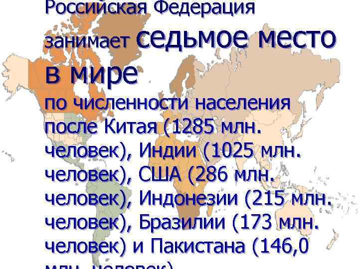 Российская Федерация занимает седьмое в мире место по численности населения после Китая (1285 млн.