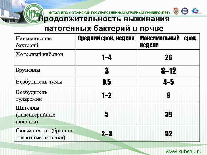   Продолжительность выживания  патогенных бактерий в почве Наименование   Средний срок,