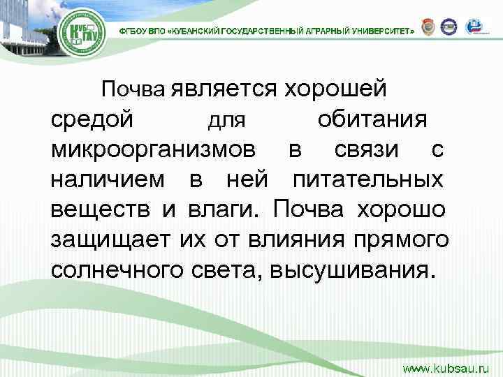   Почва является хорошей средой  для обитания микроорганизмов в связи с наличием