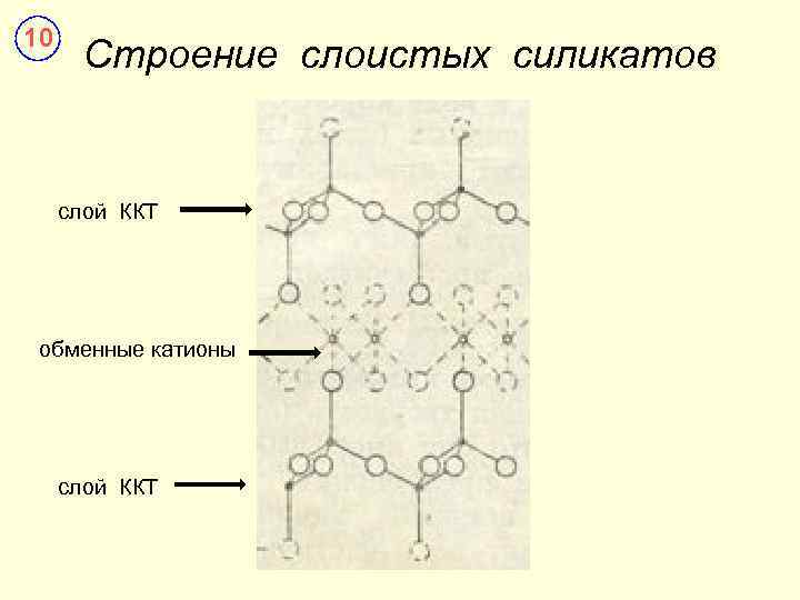 10  Строение слоистых силикатов  слой ККТ обменные катионы   слой ККТ