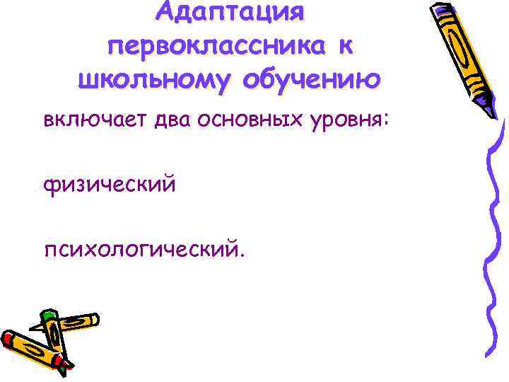  Адаптация  первоклассника к  школьному обучению включает два основных уровня:  физический