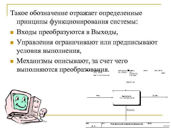 Такое обозначение отражает определенные  принципы функционирования системы: n Входы преобразуются в Выходы, 