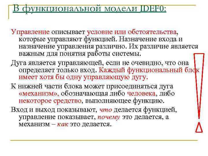 В функциональной модели IDEF 0:  Управление описывает условие или обстоятельства,  которые управляют