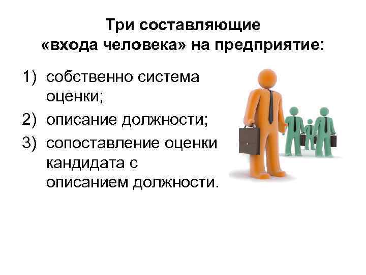    Три составляющие  «входа человека» на предприятие: 1) собственно система оценки;