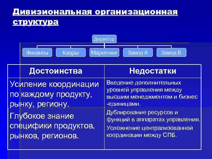 Дивизиональная организационная структура Директор Финансы Кадры Маркетинг Дивизиональная организационная структура Директор Финансы Кадры Маркетинг