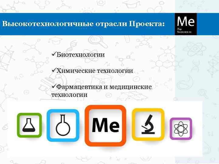 Высокотехнологичные отрасли Проекта:    Биотехнологии   Химические технологии   Фармацевтика