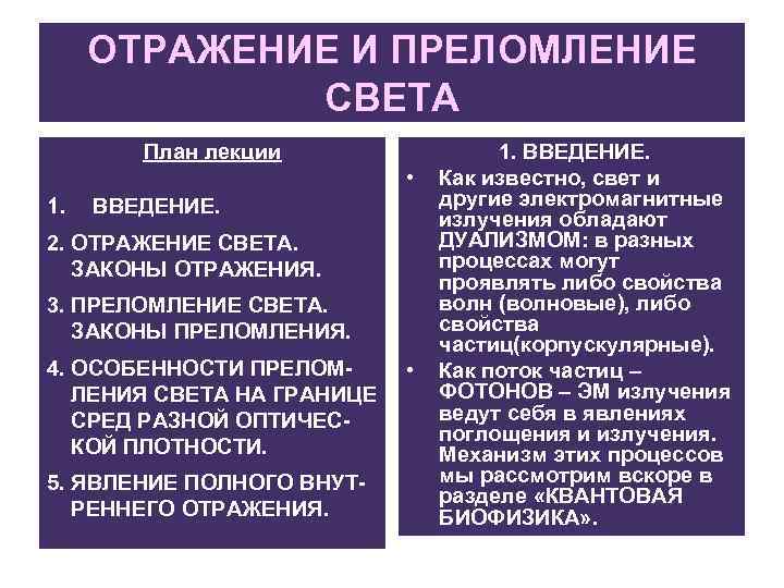  ОТРАЖЕНИЕ И ПРЕЛОМЛЕНИЕ   СВЕТА   План лекции   1.