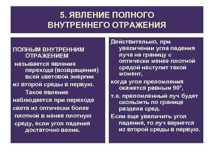   5. ЯВЛЕНИЕ ПОЛНОГО  ВНУТРЕННЕГО ОТРАЖЕНИЯ     Действительно, при