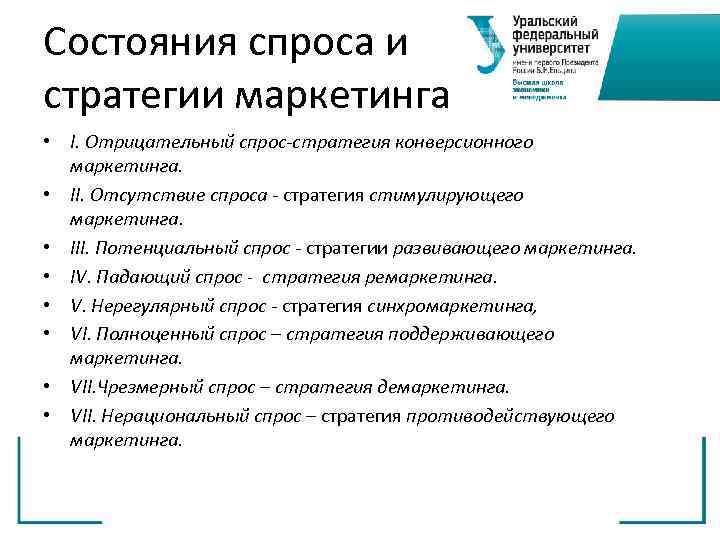 Состояния спроса и стратегии маркетинга • I. Отрицательный спрос-стратегия конверсионного  маркетинга.  •