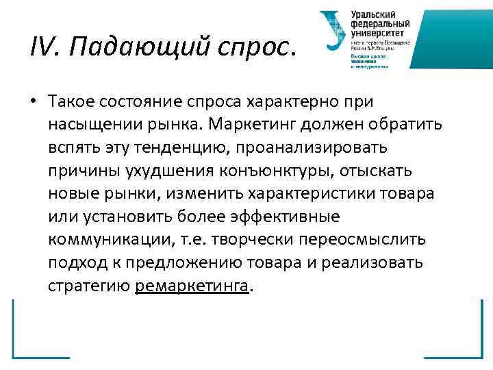 IV. Падающий спрос.  • Такое состояние спроса характерно при  насыщении рынка. Маркетинг