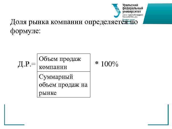 Доля рынка компании определяется по формуле:  Объем продаж  Д. Р. = компании
