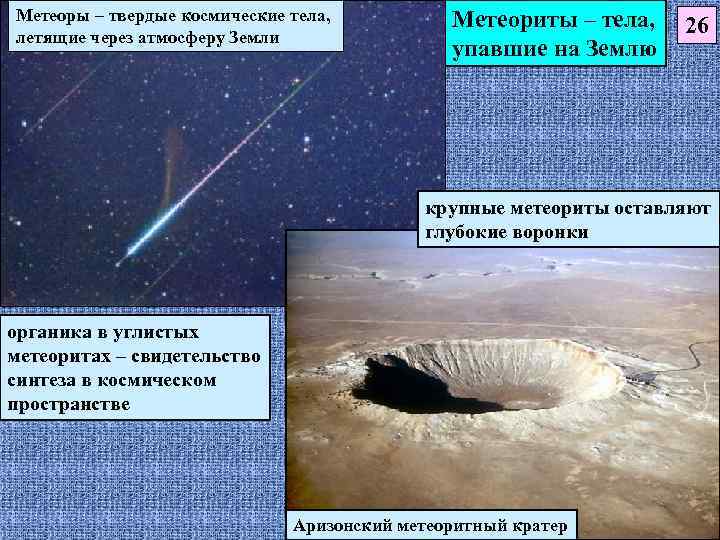 Метеоры – твердые космические тела,   Метеориты – тела, летящие через атмосферу Земли