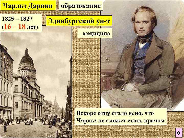 Чарльз Дарвин образование 1825 – 1827 Эдинбургский ун-т (16 – 18 лет)  
