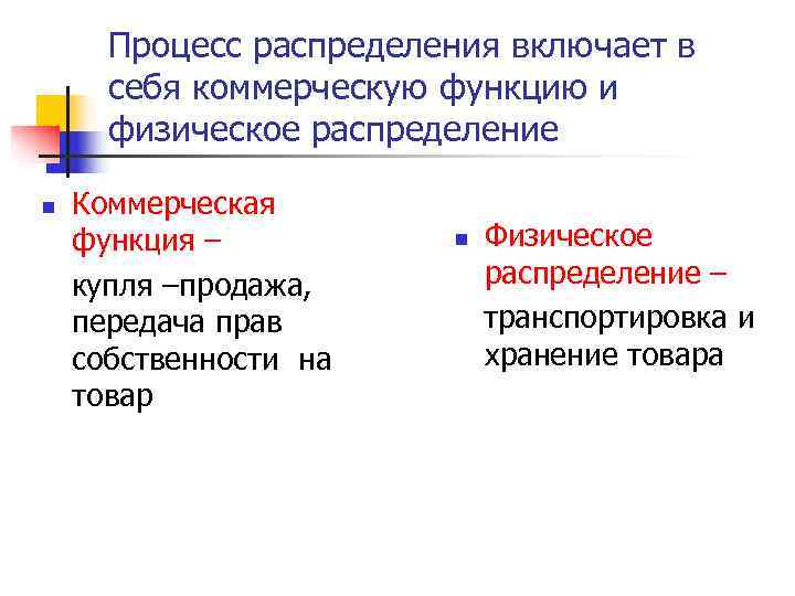   Процесс распределения включает в себя коммерческую функцию и физическое распределение n Коммерческая