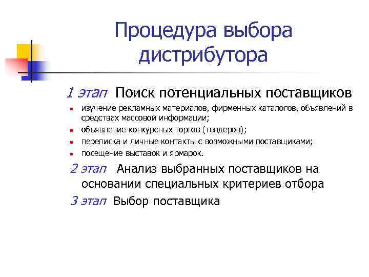   Процедура выбора   дистрибутора 1 этап Поиск потенциальных поставщиков n 