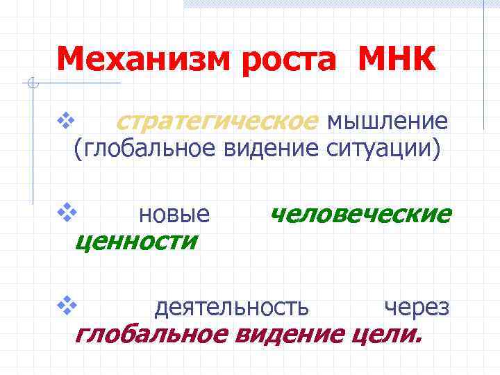 Механизм роста МНК v  стратегическое мышление (глобальное видение ситуации) v  новые человеческие