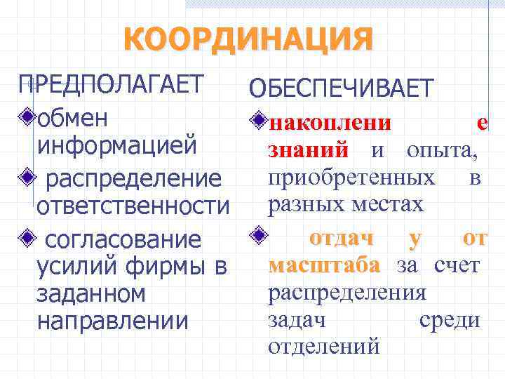   КООРДИНАЦИЯ ПРЕДПОЛАГАЕТ ОБЕСПЕЧИВАЕТ обмен  накоплени   е информацией знаний и