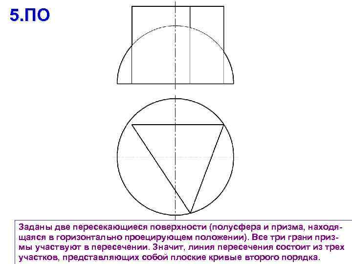 5. ПО Заданы две пересекающиеся поверхности (полусфера и призма, находя- щаяся в горизонтально проецирующем