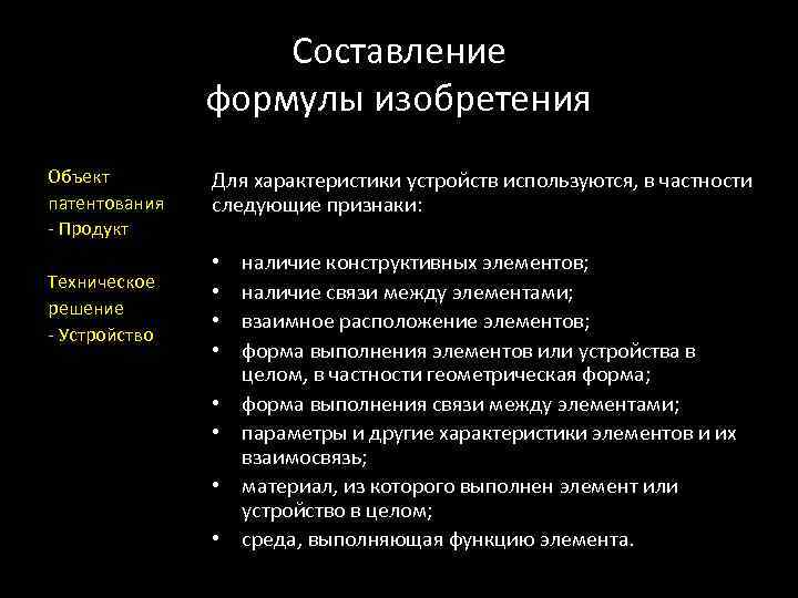     Составление    формулы изобретения Объект   Для