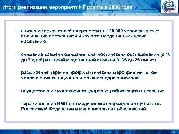 Итоги реализации мероприятий Проекта в 2006 года – снижение показателей смертности на 120 Итоги реализации мероприятий Проекта в 2006 года – снижение показателей смертности на 120