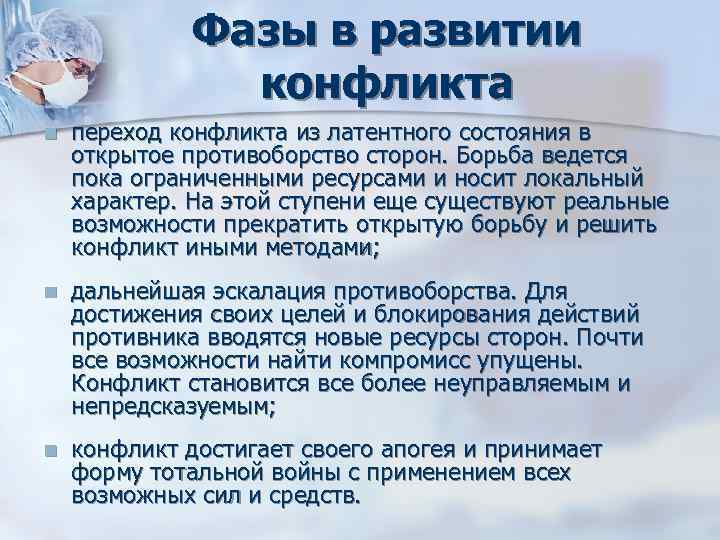 Фазы в развитии конфликта n переход конфликта Фазы в развитии конфликта n переход конфликта