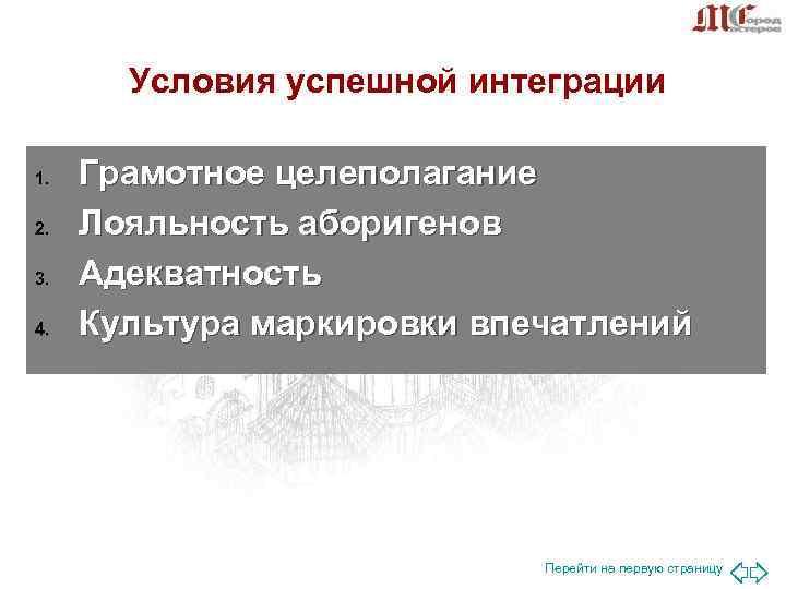 Условия успешной интеграции 1. Грамотное целеполагание 2. Лояльность аборигенов 3. Условия успешной интеграции 1. Грамотное целеполагание 2. Лояльность аборигенов 3.
