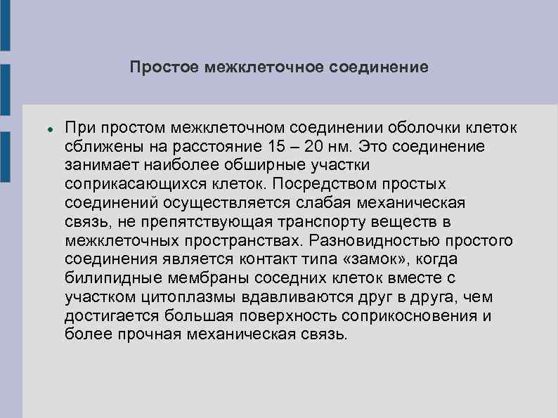   Простое межклеточное соединение  При простом межклеточном соединении оболочки клеток сближены на