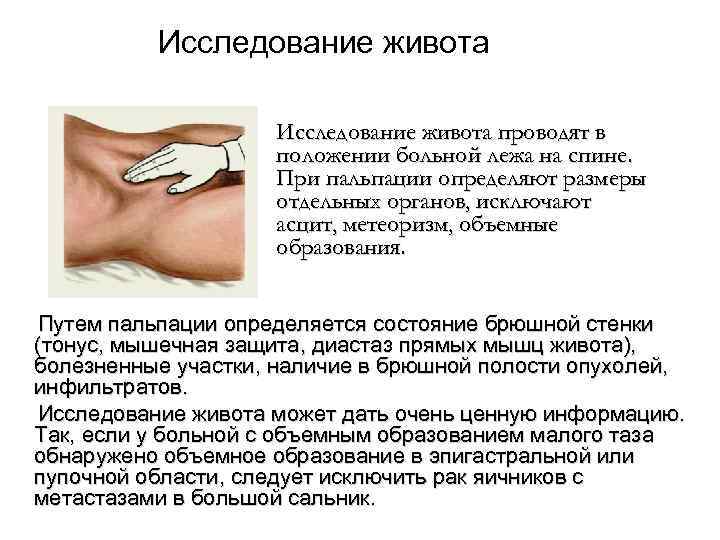    Исследование живота проводят в    положении больной лежа на