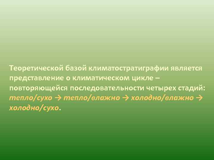 Теоретической базой климатостратиграфии является представление о климатическом цикле – повторяющейся последовательности четырех стадий: тепло/сухо