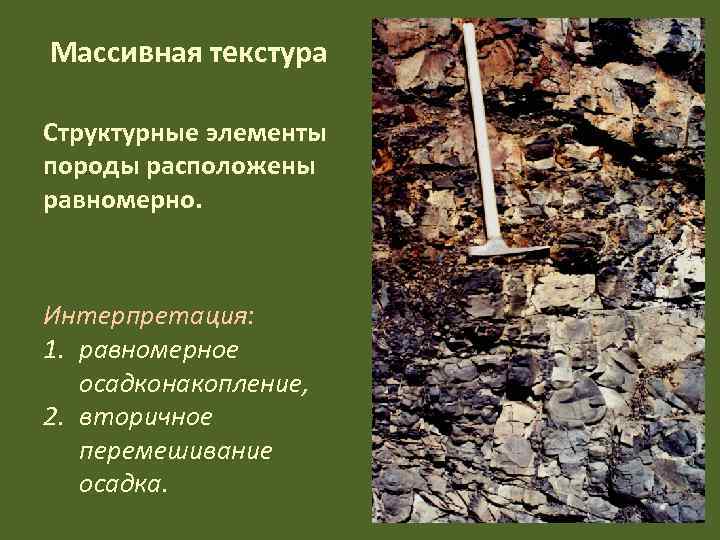 Массивная текстура Структурные элементы породы расположены равномерно. Интерпретация: 1. равномерное  осадконакопление, 2. вторичное